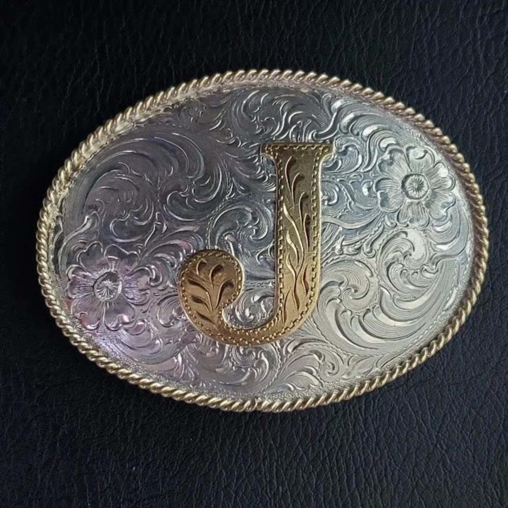 Silversmith Co Silver Plate Initial J Belt Buckle Western Floral Rope Edge 4in